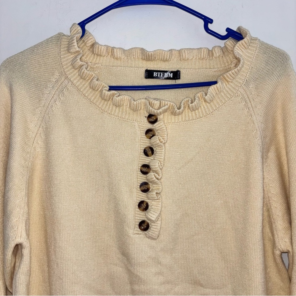 BTFBM Cream Ruffle Neck Button Sweater Boho Cottagecore - Picture 4 of 16